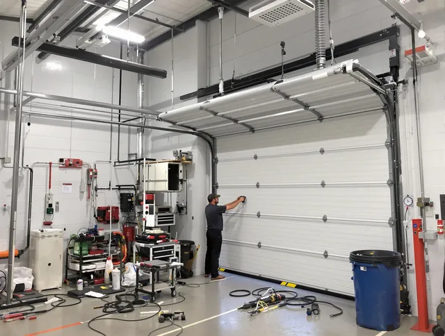 Palm Bay Garage Door Repair certified technician performing commercial door repair at a Palm Bay business facility