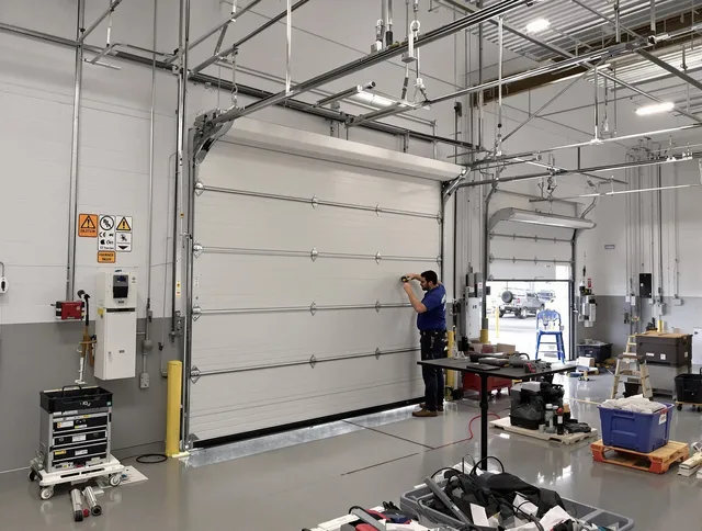 Commercial garage door repair being performed by Palm Bay Garage Door Repair expert in Palm Bay