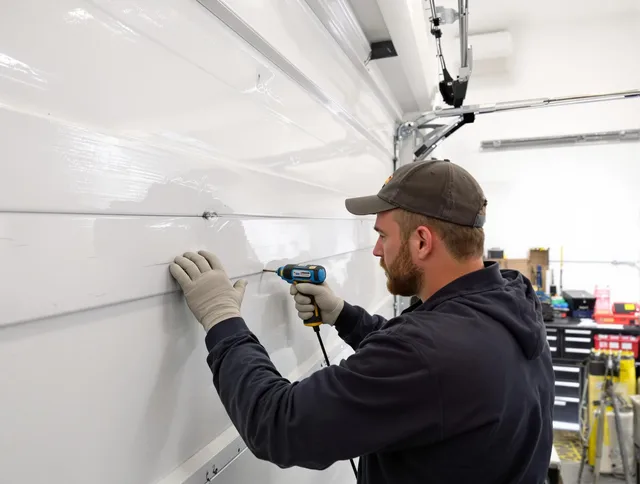 Palm Bay Garage Door Repair technician demonstrating precision dent removal techniques on a Palm Bay garage door