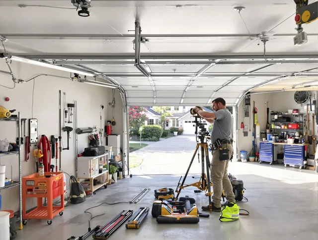 Palm Bay Garage Door Repair specialist performing laser-guided track alignment in Palm Bay